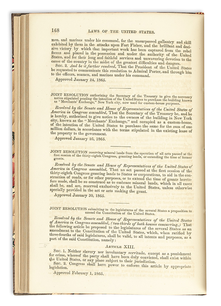 (SLAVERY AND ABOLITION.) LINCOLN, ABRAHAM. Thirteenth Amendment, in Acts and Resolutions of the Second Session of the Thirty-Eighth Con